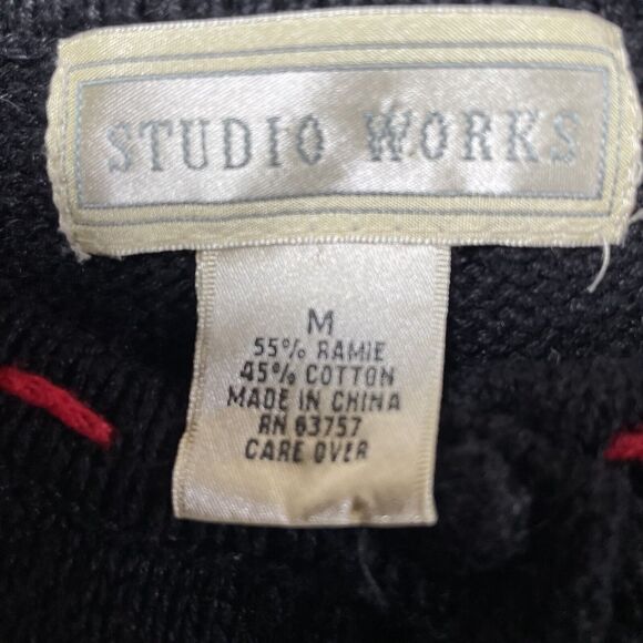 Studio Works Vtg Ugly Christmas Cardigan Sweater M Black Embroidery Front Back - Picture 10 of 11